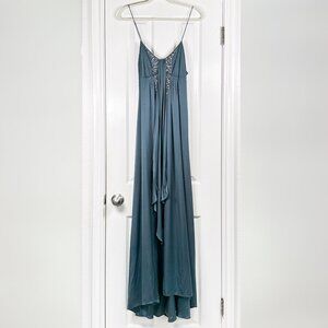 Banana Republic Monogram Silk Maxi Dress Womens 4 Blue Beaded V-Neck Formal Gown